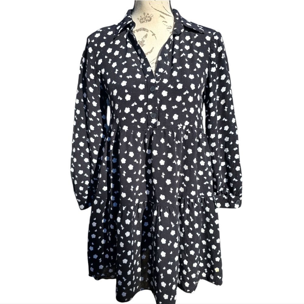 Zara -1042 Long Sleeve Black Floral Tiered Babydoll Dress Women's Size Small